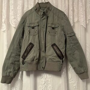 Vintage Y2K Military Bomber Jacket Faux Leather Elbow Patches Size 16 Nevada